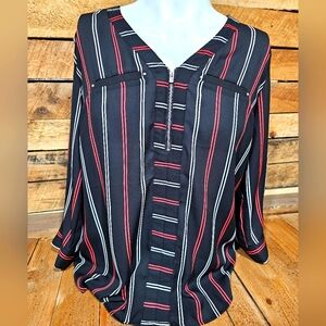Black and Red Striped VNeck Blouse by A Byer Size Extra Large